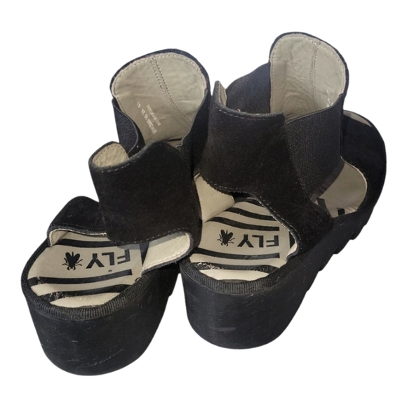 Fly London Biga Wedge Women's Suede Black Peep-Toe Sandals Sz 10 EU 41 - Picture 2 of 9
